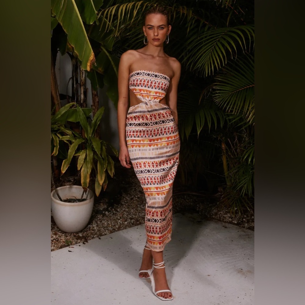 XS Runaway the Label Strapless Southwestern Print Midi Dress